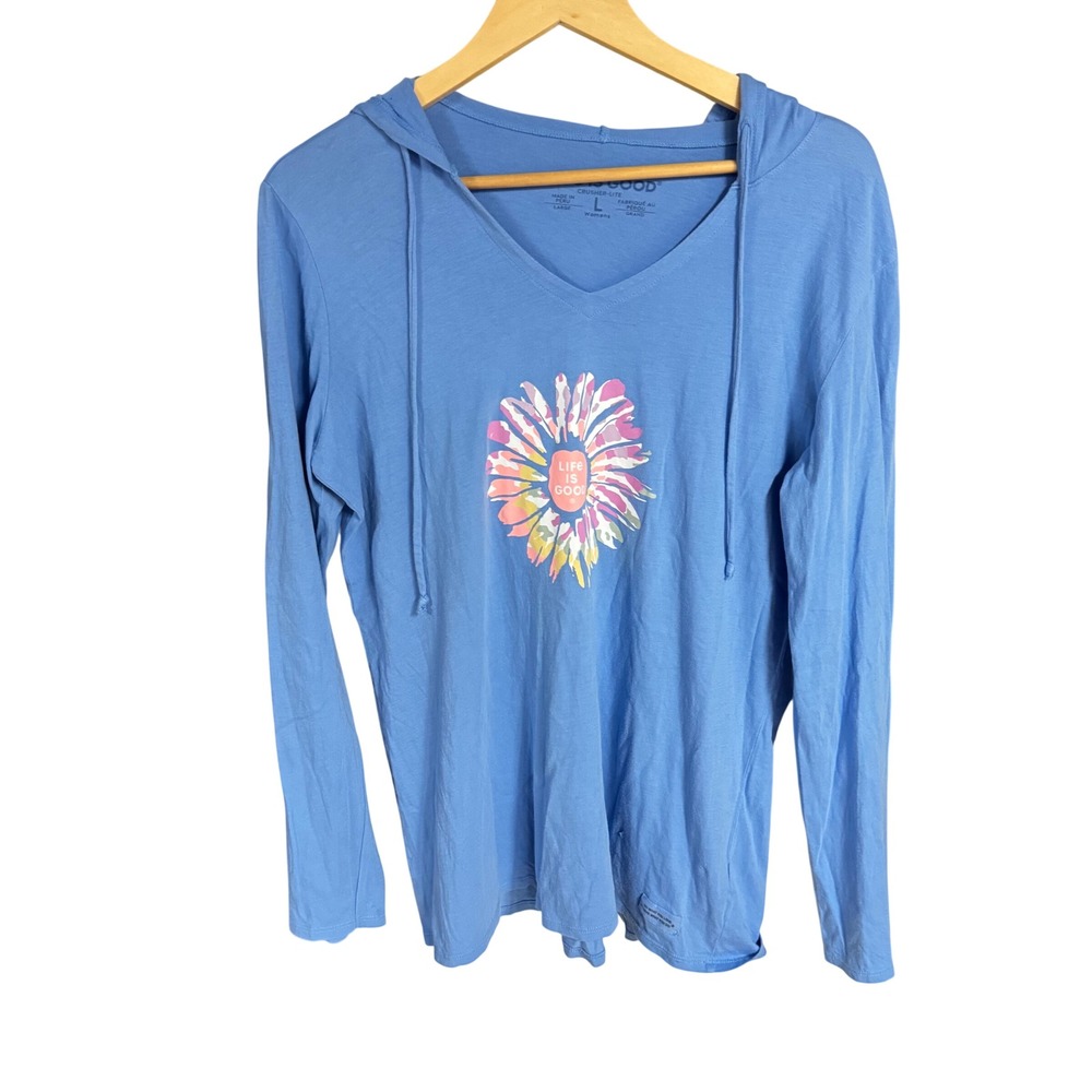 Life is Good Womens Blue Crusher-Lite Daisy Graphic Hoodie V-Neck Large
